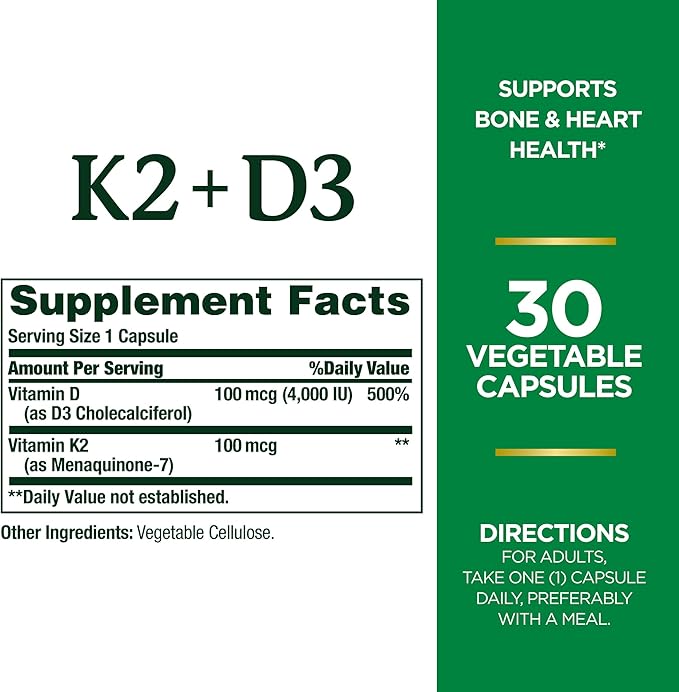 Nature's Bounty Vitamin D3 K2 Supplement, 4000 IU Vitamin D3 Plus 100 mcg of Vitamin K for Heart & Bone Health Support, 30 Day Supply, 30 Vegetarian Capsules, K2 + D3 Supplements for Adults