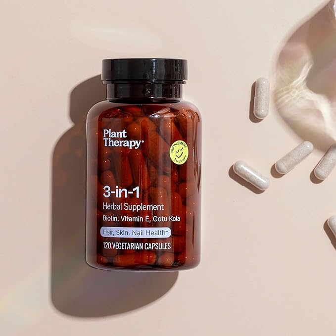 Plant Therapy 3-in-1 Biotin Capsules with Vitamin E & Gotu Kola Manufactured in USA 4 Month Supply Supports Radiant Skin, Hair Growth and Strong Nails Supplements for Women 120 Vegetarian Capsule