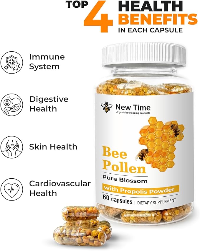Bee Pollen Capsules with Propolis – Organic Supplement for Energy, Vitality, Wellness, Rich in Vitamins, Immune Support & Nutrient Boost for Men & Women, 100% Pure & Natural for Breast Growth