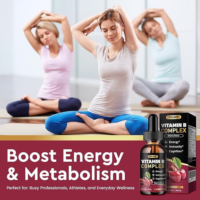 Vitamin B Complex Liquid Drops, B Vitamins Complex Supplement with B1, B2, B3, B5 B6, B7, B9 & Methyl B12 Drops for Adults & Kids, Vegan, Cherry Flavor