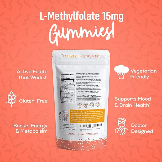 Smart for Life L-Methylfolate Gummies with Vitamin B12 Raspberry Flavor - 15mg - 60 Gummies - Active Folate 5 MTHFR Support Supplement Professional Strength - Doctor Designed Methyl Folate