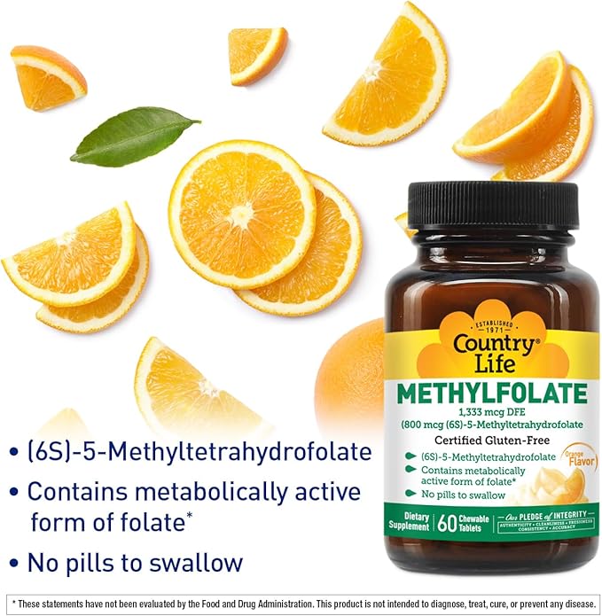 Country Life Methylfolate Chewable Tablets - Metabolically Active Folate - Great Tasting Orange Flavor - Gluten-Free - Smooth Melts - Vegan B12 - Women's Vitamins - Daily Supplement - 60 Tablets