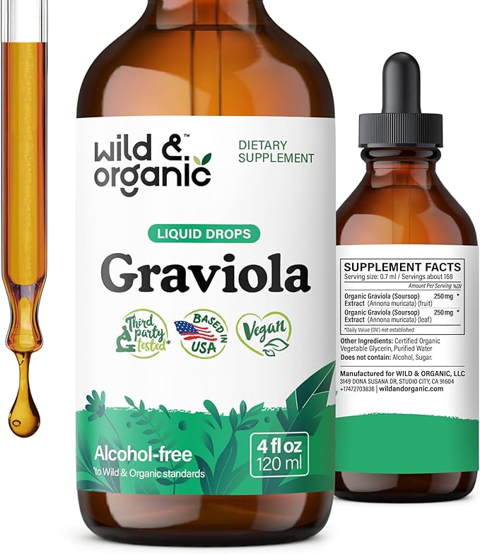 Wild & Organic Graviola Soursop Multivitamin Drops - 500 mg Guanabana Fruit & Soursop Leaves for Antioxidant Support - Vegan, Sugar & Alcohol-Free Tincture - 4 fl oz