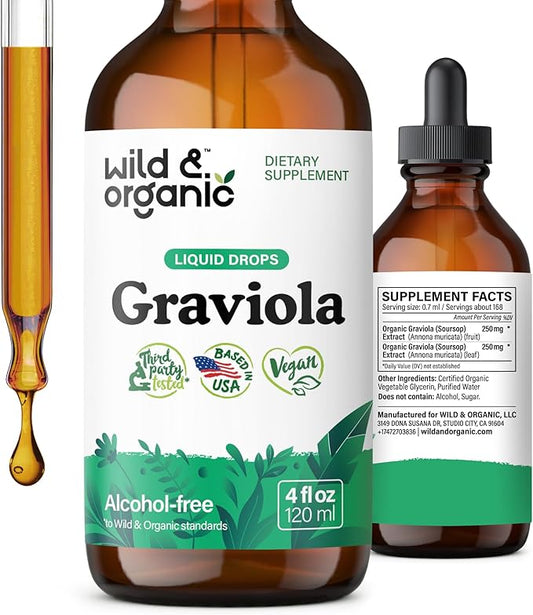 Wild & Organic Graviola Soursop Multivitamin Drops - 500 mg Guanabana Fruit & Soursop Leaves for Antioxidant Support - Vegan, Sugar & Alcohol-Free Tincture - 4 fl oz