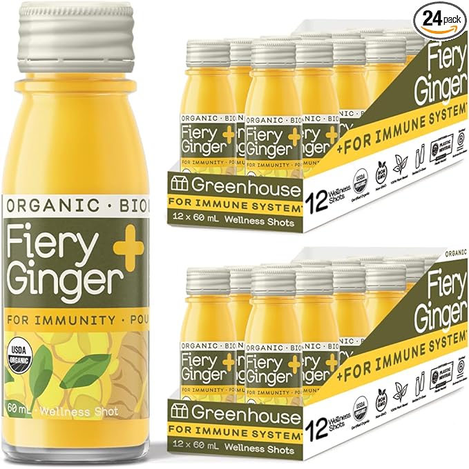 Greenhouse Juice Organic Fiery Ginger Wellness Shot, Cold Pressed with Turmeric Pepper Vitamin C Ginger Juice Immunity Shots Vegan & Gluten-Free (2 Oz, Pack of 24)