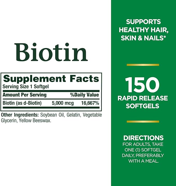 Nature's Bounty Biotin, Vitamin Supplement, Supports Metabolism for Cellular Energy and Healthy Hair, Skin, and Nails, 5000 mcg, 150 Softgels