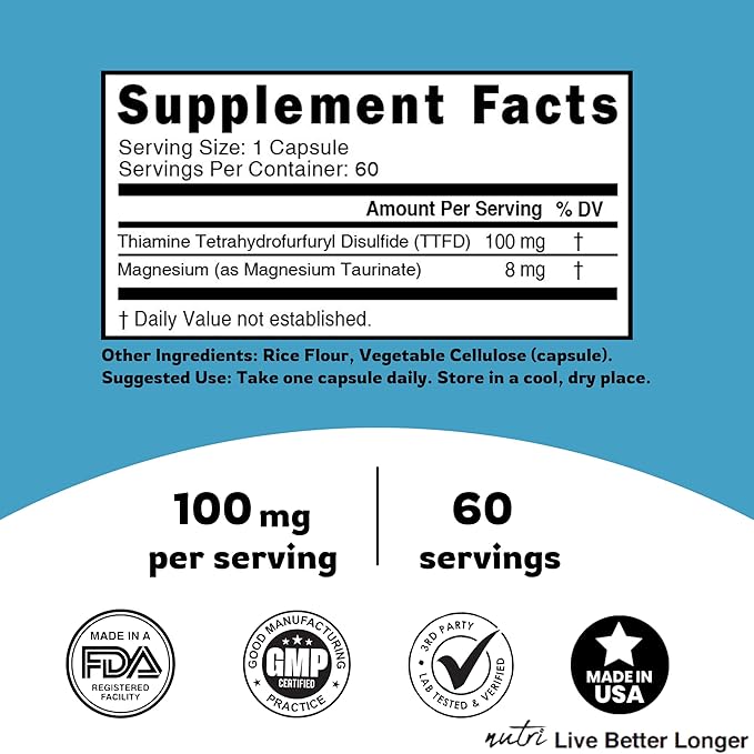 Nature's Fusions TTFD Thiamine B1 Supplement - 100mg 60 Servings - with 8mg Magnesium - No Toxic Fillers - TTFD Thiamine Tetrahydrofurfuryl Disulfide - Third Party Lab Tested - Nutri Supplements