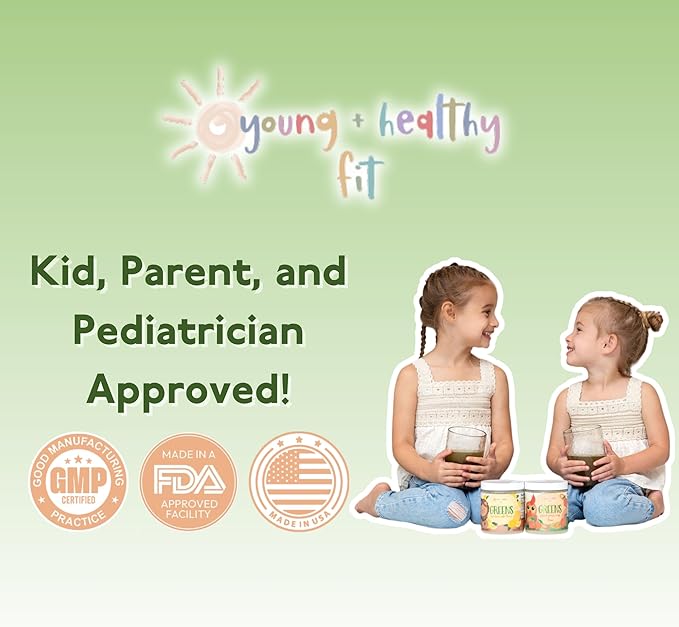 Kids Greens Powder, 30 Servings, Parrot Peach Ring, Superfood Drink Mix with Fiber for Digestive Health, Organic Fruits & Vegetables, Antioxidants, Real Food Ingredients, Ages 2+