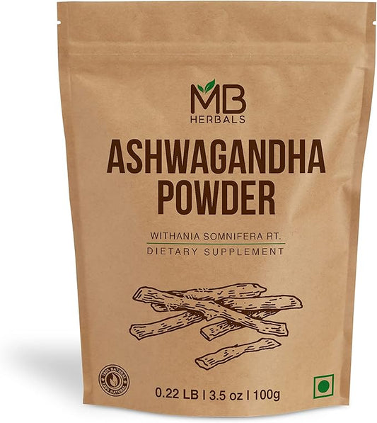 MB Herbals Pure Ashwagandha Powder 100 Gram (3.5 oz) | Lab Tested | Indian Ginseng | Withania somnifera Root Powder | No Preservatives
