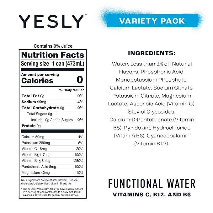 Yesly Functional Water, Variety Pack, Naturally Flavored Still Water with Electrolytes, Magnesium, Potassium, Vitamin C, B6 & B12, Zero Sugar, No Artificial Sweeteners, 16 Fl Oz Cans, 12 Pack