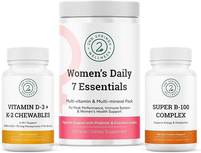 Women's Daily 7 Essentials, Vitamin D3+K2 Chewables & Super B-100 Complex Bundle