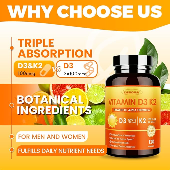 ZEBORA Vitamin D3 K2 Capsules, Bone and Heart Health Formula 5000 IU Vitamin D3 & 100 mcg Vitamin K2, Max Strength 4 in 1 Immune Support and Calcium Absorption, Gluten Free