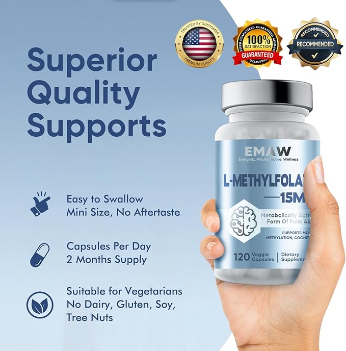 L Methylfolate 15 mg, with Methyl B12 & B6 Folate Supplement for Balanced Mood, Support Brain Health & Immune, 120 Capsules