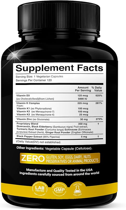 Vitamin D, K2, K1, Zinc, Quercetin, Elderberry, Turmeric, Ginger & Echinacea Whole Food Supplement 8 in 1- D3 5000 IU Plant-Based from Lichen, Vitamin K (K2 MK7, MK4, K1), D3 K2 Vitamins -120 Capsules