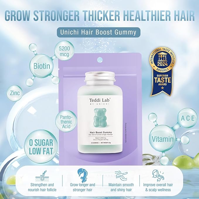 Unichi Hair Growth Gummies, 5200mcg Biotin Formulated with Zinc, Pantothenic Acid and Vitamin A, C, E for Stronger and Thicker Hair for Women, (20 Count)