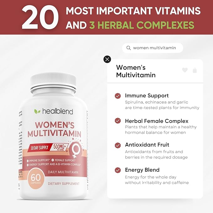 Women's Multivitamin with Biotin (Without Iron) - 20 Essential Vitamins and Minerals, Supports General Health, Energy & Immunity - 60 Capsules