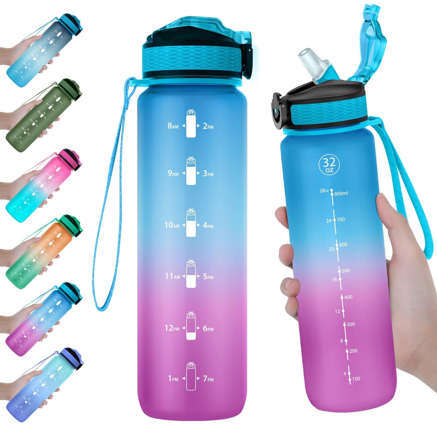 EYQ 32 oz Water Bottle with Times Marker, Carry Strap, Leak-Proof Tritan BPA-Free, Ensure You Drink Enough Water for Fitness, Gym, Camping, Outdoor Sports (Green/Purple Gradient)