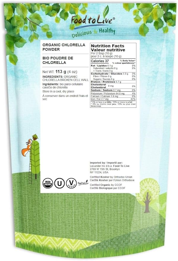 Food to Live Organic Chlorella Powder, 4 Ounces — Non-GMO, Kosher, Raw Green Algae, Vegan Superfood, Bulk, Pure Vegan Green Protein, Rich in Vitamins and Minerals, Great for Drinks, Broken Cell Wall