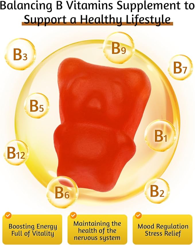 Vitamin B Complex Gummies for Adult - 120 Count, Apple Flavor, Chewable Supplement with 8 Essential B Vitamins (B1, B2, B3, B5, B6, B7, B9, B12) - Vegan, Supports Energy, Metabolism & Overall Health