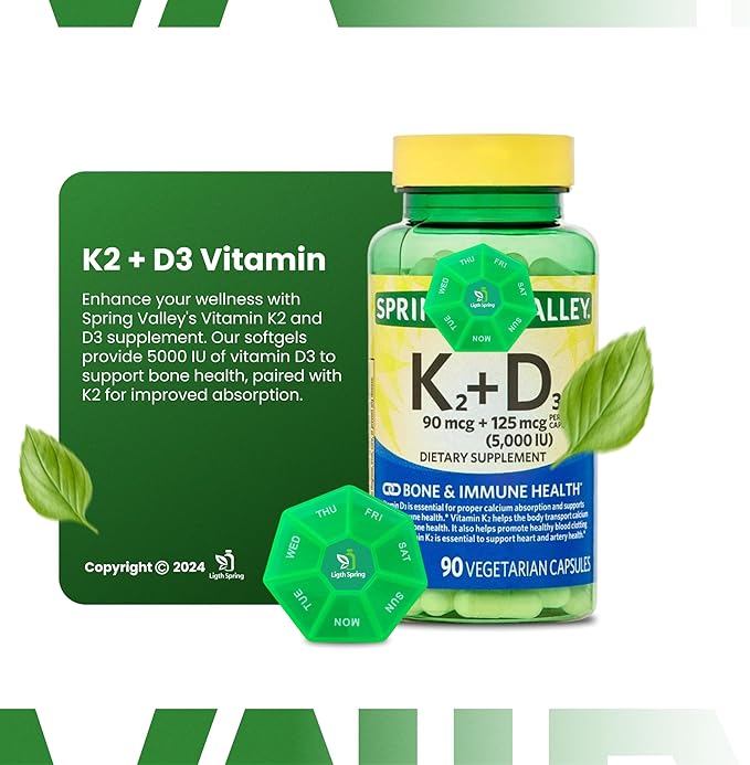 Vitamin K2 (90mcg) + D3 (125mcg) Vegetarian Capsules, 90 Count with Bundle Exclusive Vitamins & Minerals - A to Z - Better Ligth&Spring Guide + Weekly Pill Organizer (3 Items)