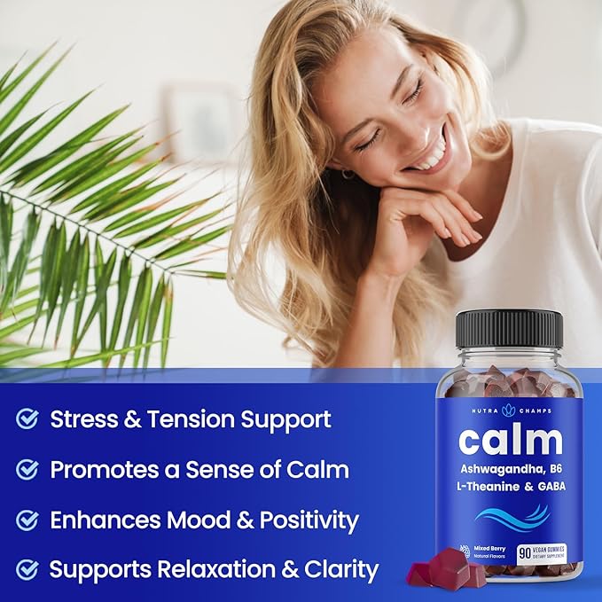 NutraChamps Calm Gummies, Stress Gummies Supplement with Ashwagandha, L-Theanine, GABA, Vitamin B6 & Lemon Balm, 90 Gummies (Pack of 2)