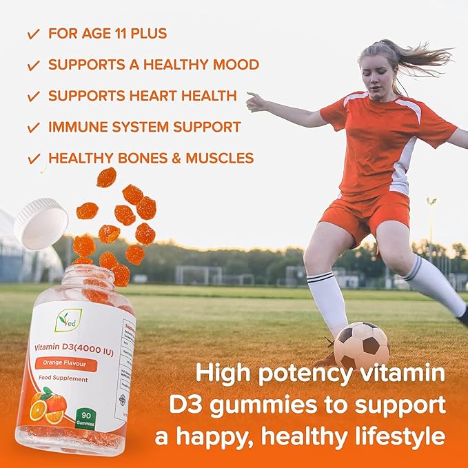 Ved Vitamin D3 Gummies for Adults 4000IU, Non GMO- Gluten Free, Orange Flavour -High Strength 90 Chewable Gummies (3 Month Supply)