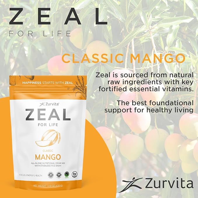 Zurvita Zeal for Life Wellness Drink Mix - Mango Flavor - Gluten-Free, Vegan, with Biotin, Vitamins B12, C, D, E, Iron, Magnesium - 30 Servings (420g)