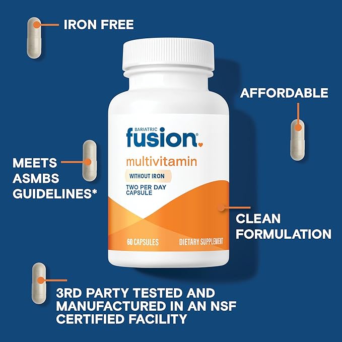Bariatric Fusion Bariatric Multivitamin Without Iron | Post Bariatric Surgery Patients | Iron Free Bariatric Vitamin for Gastric Bypass and Sleeve Gastrectomy | 60 Capsules | 1 Month Supply
