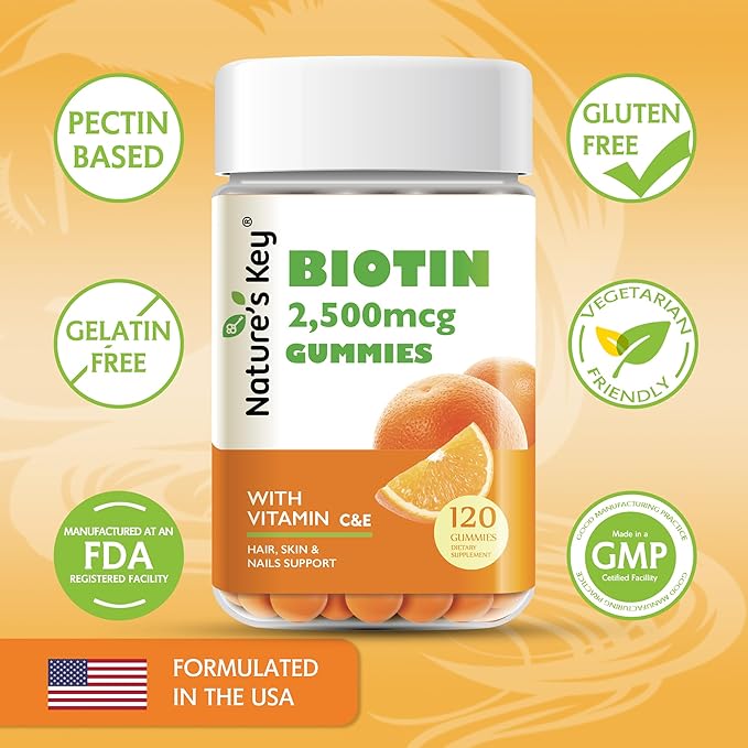 Nature's Key Biotin Gummies with Vitamin C and E, Support Hair Nails Growth & Beautiful Skin for Women Men and Kids, Vegan, Orange Flavors, 120 Count