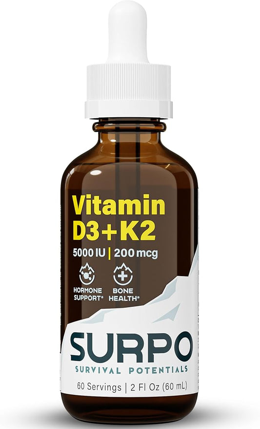 SURPO Vitamin D3 + K2 Liquid Drops with Omega 3 Oil - 5000 IU Vitamin D Drops K2 for Hormone Support & Bone Health - Liquid Vitamin D3 with K2 Drops for Maximum Absorption - 2Fl Oz Vitamin K2 D3