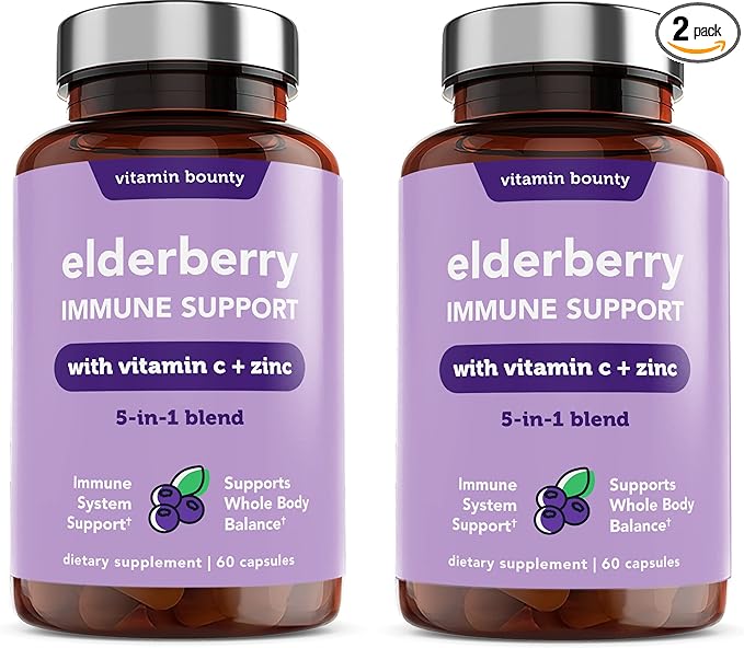 Vitamin Bounty Elderberry Immune Support - with Zinc, Vitamin C & Echinacea, Advanced 5-in-1 Blend, Powerful Antioxidant, Supports Whole Body Balance, Non-GMO - 60 Capsules, 2 Pack