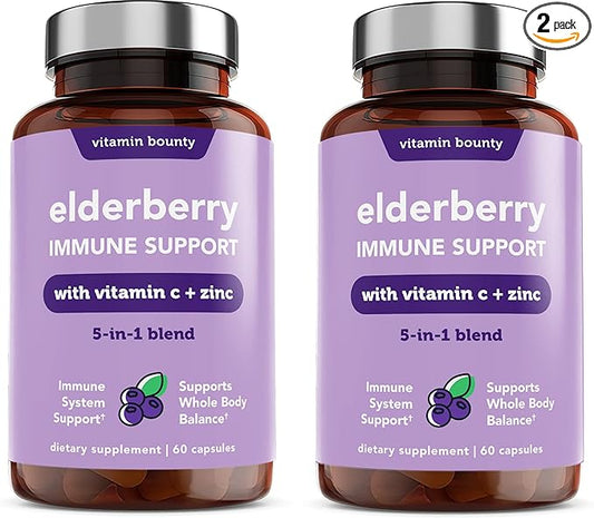 Vitamin Bounty Elderberry Immune Support - with Zinc, Vitamin C & Echinacea, Advanced 5-in-1 Blend, Powerful Antioxidant, Supports Whole Body Balance, Non-GMO - 60 Capsules, 2 Pack
