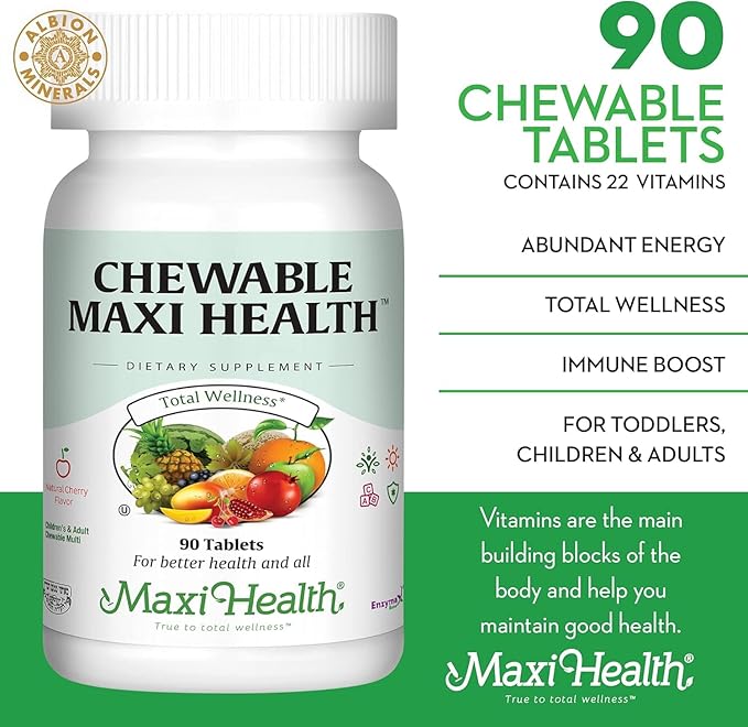Maxi Health Chewable Multivitamin for Kids, Teens and Adults - Cherry Chewable Vitamins for Adults & Children - Kosher Kids Multivitamin + Iron (90 Tablets)