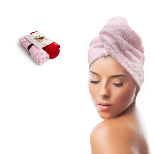 KEEPOZ Hair Towel Wrap Quick Dry 100% Cotton Super Absorbent Turban Head Wrap for Women with Button, Non Microfiber Anti Frizz Hair Cap for Curly, Long & Thick Hair (Pink+Red, 2 Pcs)