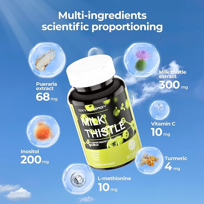 OxyEnergy Silymarin Milk Thistle 300mg Extract with Vitamin C, Inositol & Pueraria, Liver Detox & Repair Support, Antioxidant Support,90 Capsules, Cardo Mariano para el Hígado