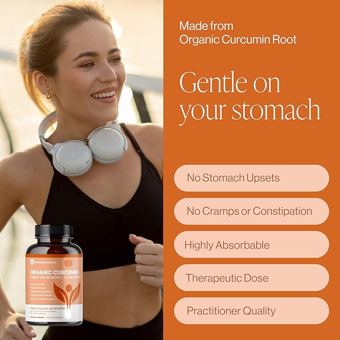 Organic Turmeric Curcumin with Black Pepper & BCM-95 - for Inflammatory Support, Brain & Immune Health - 60 Vegan Turmeric Capsules, 1000mg Per Serve - Herbal Curcumin Supplements