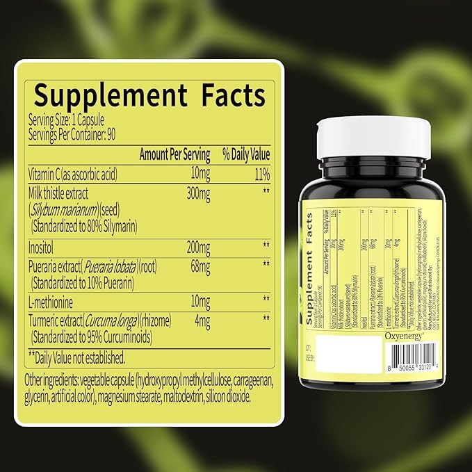 OxyEnergy Silymarin Milk Thistle 300mg Extract with Vitamin C, Inositol & Pueraria, Liver Detox & Repair Support, Antioxidant Support,90 Capsules, Cardo Mariano para el Hígado