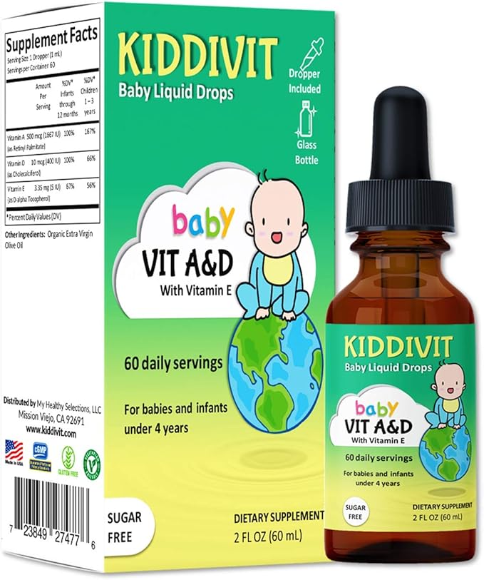 Kiddivit Baby Vitamin A&D Liquid Drops with Vitamin E - 60 Daily Servings, 2 Fl Oz (60 mL) - Dropper Included, Glass Bottle - Sugar Free, Gluten Free, Vegetarian Friendly