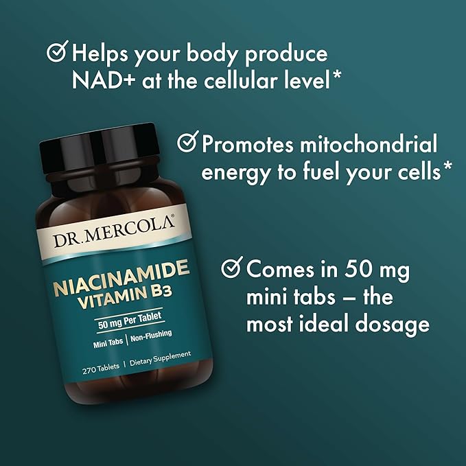 Dr. Mercola Niacinamide Vitamin B3-50 mg per Tablet - Supports Metabolic Health - Non-Flushing - Mini Tabs - Non-GMO, Gluten-Free & Soy-Free - 270 Servings (90 Tablets)