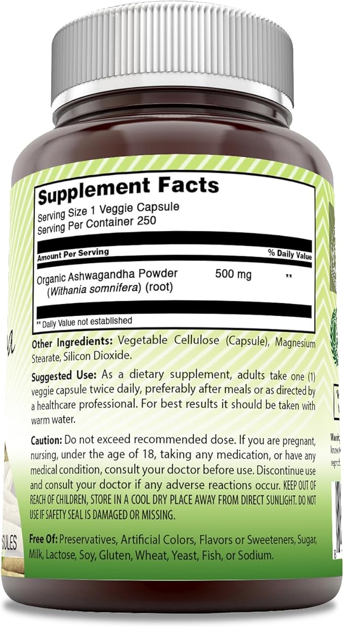 Amazing India Natural Ashwagandha | 500 Mg Per Serving | Veggie Capsules | Non-GMO | Gluten Free | Made in USA (250)