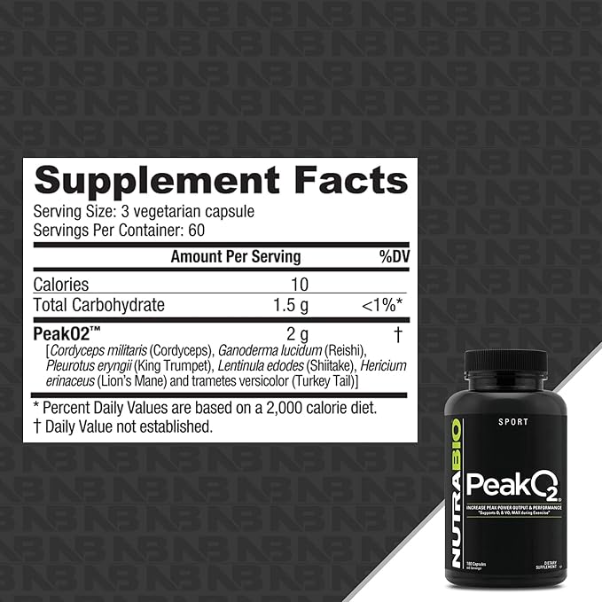 NutraBio PeakO2 Workout Supplement, 180 Capsules - Mushroom Blend Supplement to Help Enhance Athletic Performance and Overall Health, 60 Servings