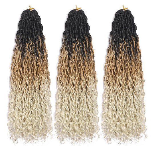 BALINGHAIR Goddess Locs Crochet Hair Ombre Black to Light Brown to Beige 22 Inch 3 Packs Bohemian Faux Locs Crochet Hair With Curly Ends Pre Looped Hair Extensions 16 Roots/Pack(1B/27/613)