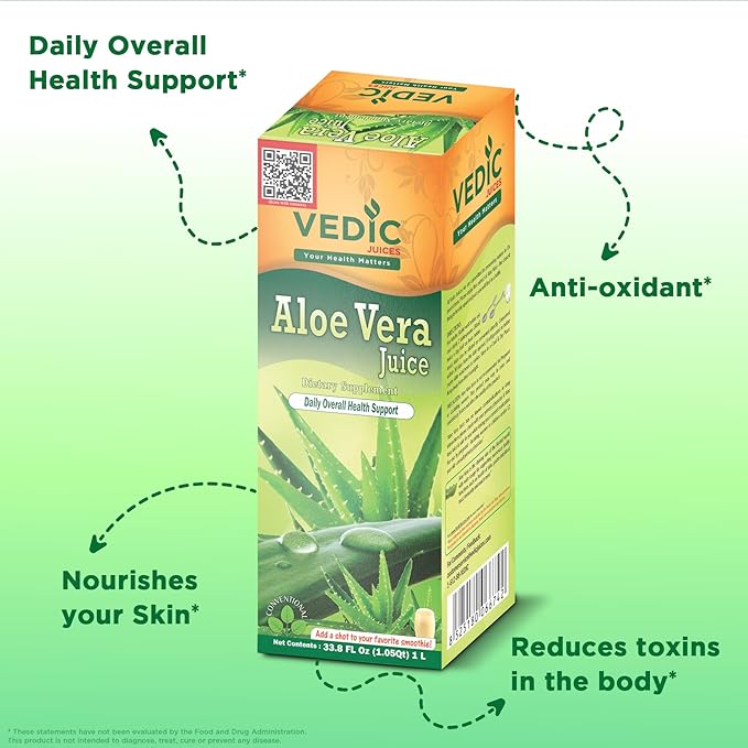 Vedic Juices Aloe Vera Juice, Aloe Supplement for Skin Nourishment, Aloe Pulp, Aloe Fiber, Gut Health and Immune Support, Aloe Juice with No Added Sugar, Parabens, or Artificial Colors, 1 Liter…