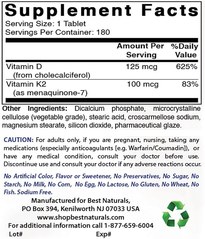 Best Naturals Vitamin B12 6000 mcg & Vitamin K2 (MK7) with D3