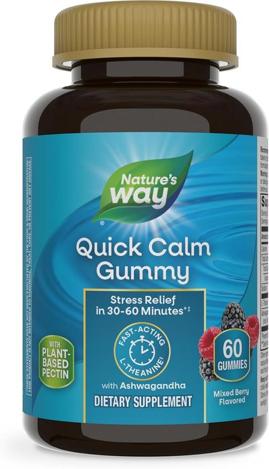 Nature's Way Quick Calm Gummies, L-Theanine for Relaxation*, Fast-Acting, Stress Relief from L-Theanine Within 30-60 minutes*, with Ashwagandha, Vegetarian, Mixed Berry Flavored,  60 Gummies