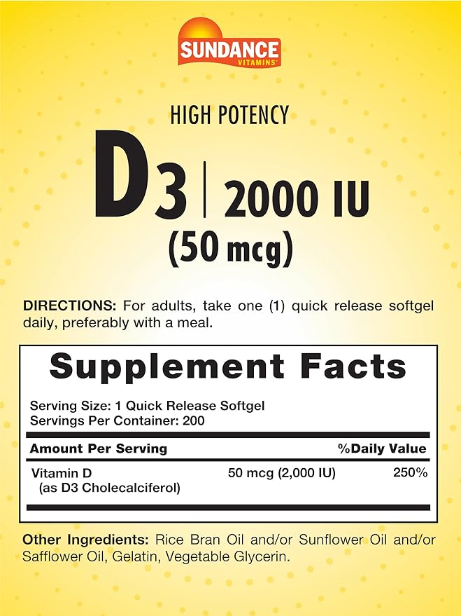 Sundance High Potency D3 2000 IU | 200 Quick Release Softgels | Essential Vitamin Formula | Non-GMO and Gluten Free Supplement