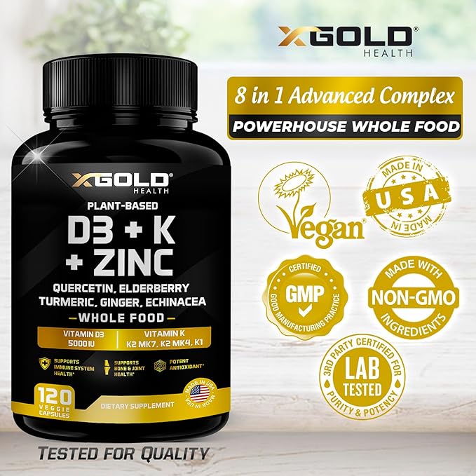 Vitamin D, K2, K1, Zinc, Quercetin, Elderberry, Turmeric, Ginger & Echinacea Whole Food Supplement 8 in 1- D3 5000 IU Plant-Based from Lichen, Vitamin K (K2 MK7, MK4, K1), D3 K2 Vitamins -120 Capsules