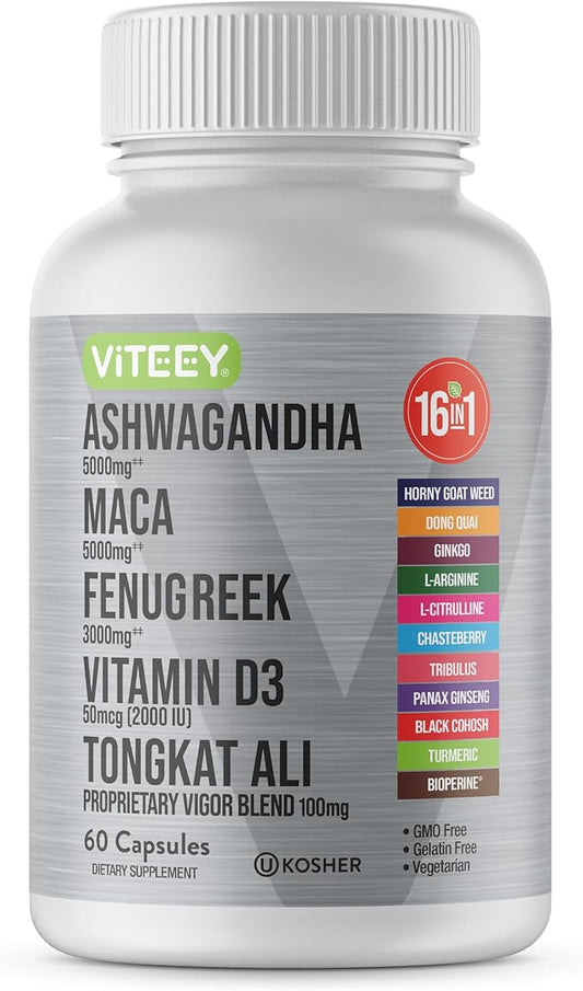 Ashwagandha 5000mg, Black Maca Root 5000mg, Fenugreek 3000mg, Vitamin D3 2,000 IU with Tongkat Ali & Proprietary Vigor Blend 100mg - Calm, Relax, Mood Support for Women & Men - 60 Capsules