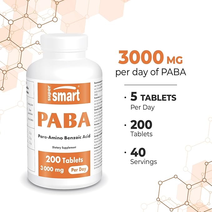 Supersmart - PABA Supplement 3000mg per Day (para-AminoBenzoic Acid) - Natural B Complex Vitamin - Water Soluble PABA | Non-GMO & Gluten Free - 200 Tablets