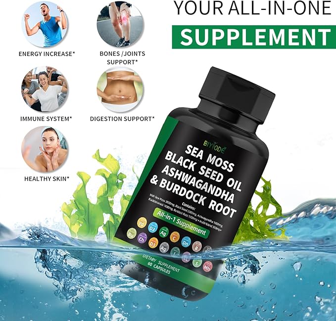 Sea Moss Capsules: Sea Moss Black Seed Ashwagandha Bladderwrack Burdock Root Multi-Blend Vitamin D3 C Vitamin 60 Capsules 30 Day Supply